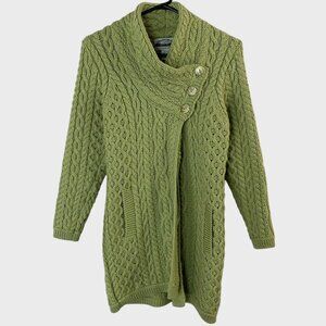 Aran Craft Merino Wool Cable-Knit Cardigan Coat Womens XXS Button-Collar Sweater